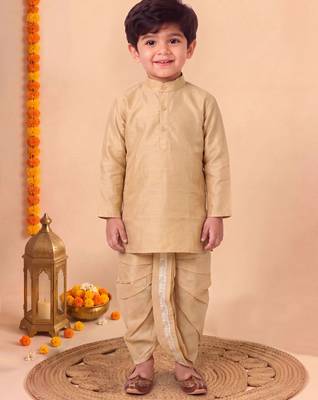 boys fawn silk blend  geometric jacquard woven kurta & dhoti set with waistcoat 5
