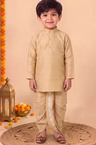 boys fawn silk blend  geometric jacquard woven kurta & dhoti set with waistcoat