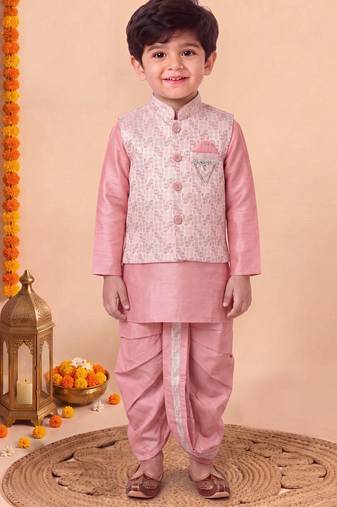 boys pink silk blend  geometric jacquard woven kurta & dhoti set with waistcoat