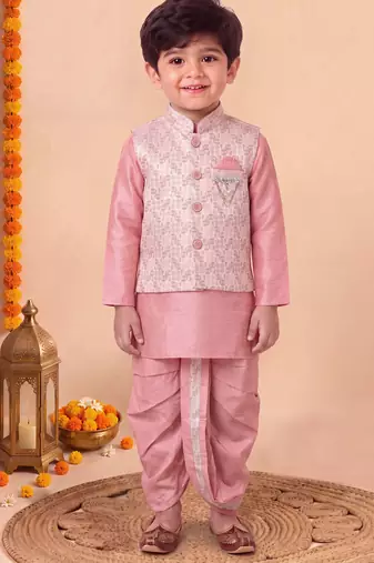 boys pink silk blend  geometric jacquard woven kurta & dhoti set with waistcoat