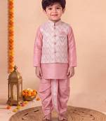 boys pink silk blend  geometric jacquard woven kurta & dhoti set with waistcoat