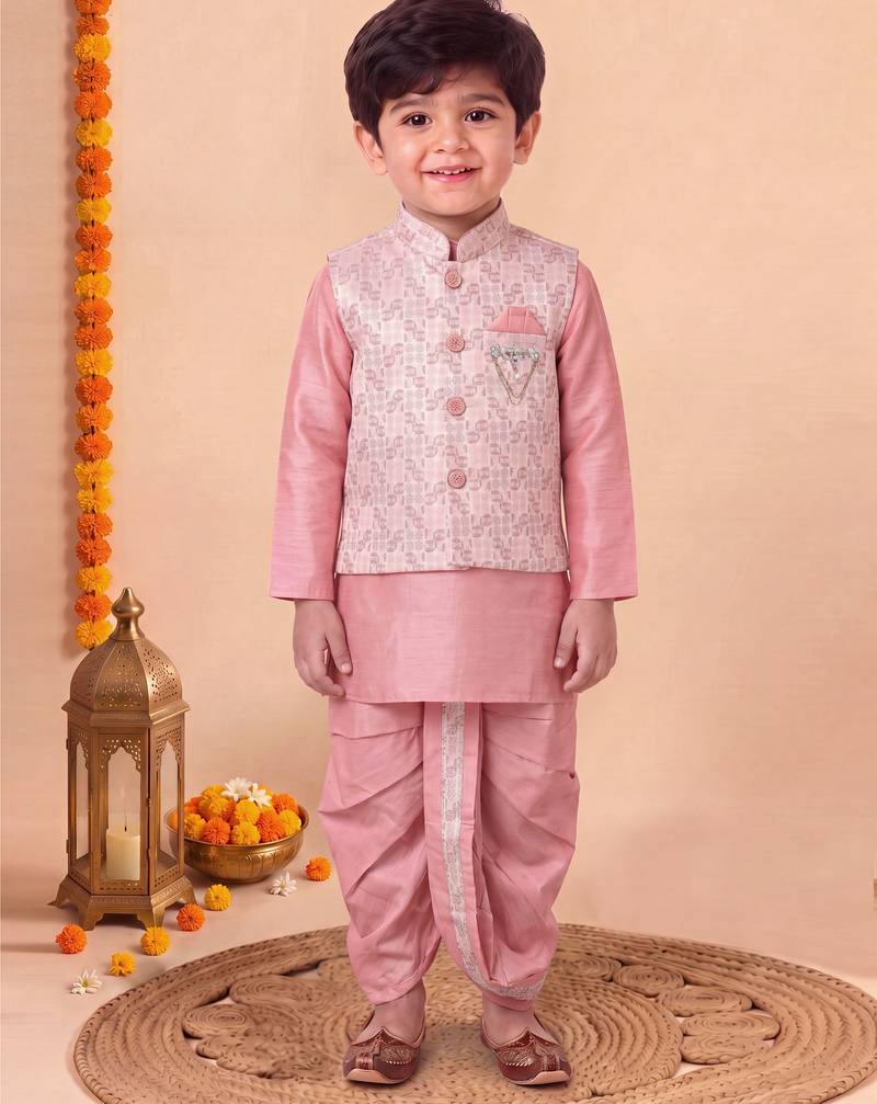 boys pink silk blend  geometric jacquard woven kurta & dhoti set with waistcoat