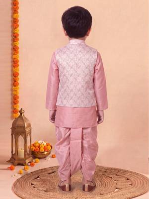boys pink silk blend  geometric jacquard woven kurta & dhoti set with waistcoat 2