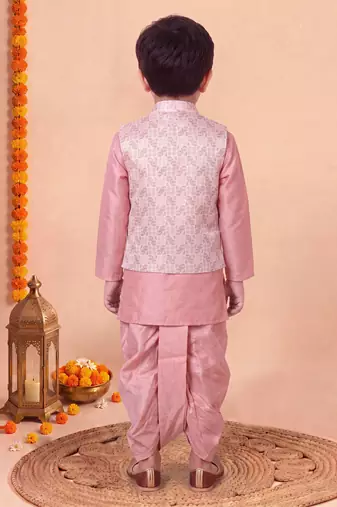 boys pink silk blend  geometric jacquard woven kurta & dhoti set with waistcoat