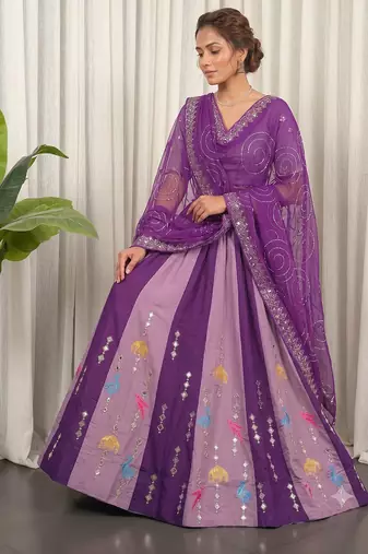Dual Shade Wine & Lavender Designer Silk Lehenga Choli Set with Mirror Work Dupatta