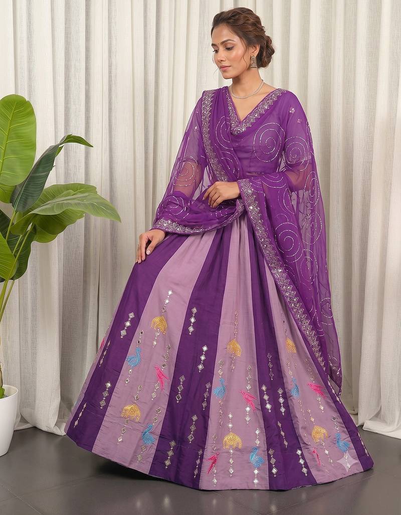 Dual Shade Wine & Lavender Designer Silk Lehenga Choli Set with Mirror Work Dupatta