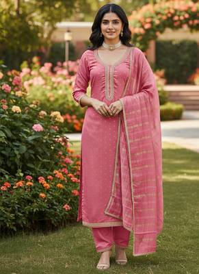 pink weaved chanderi butti unstitched dress material  1