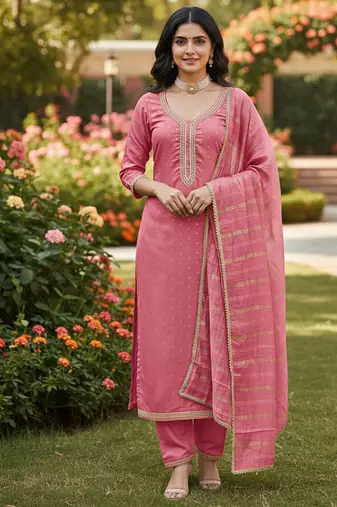 pink weaved chanderi butti unstitched dress material 