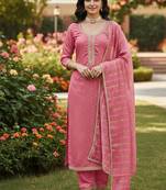 pink weaved chanderi butti unstitched dress material 