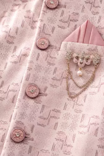boys pink silk blend  geometric jacquard woven kurta & dhoti set with waistcoat