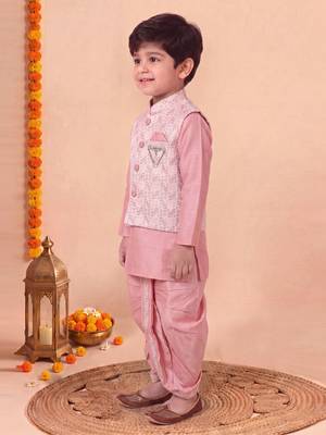 boys pink silk blend  geometric jacquard woven kurta & dhoti set with waistcoat 4