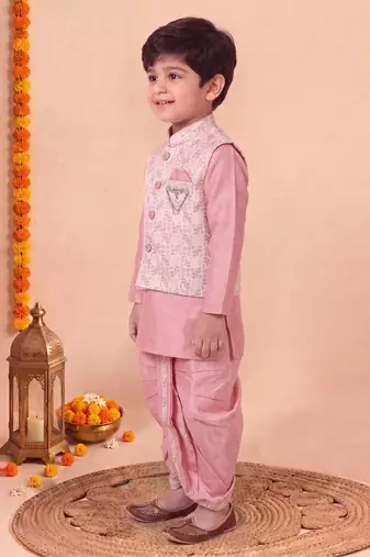 boys pink silk blend  geometric jacquard woven kurta & dhoti set with waistcoat