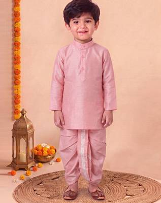 boys pink silk blend  geometric jacquard woven kurta & dhoti set with waistcoat 5