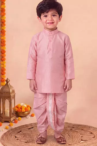 boys pink silk blend  geometric jacquard woven kurta & dhoti set with waistcoat