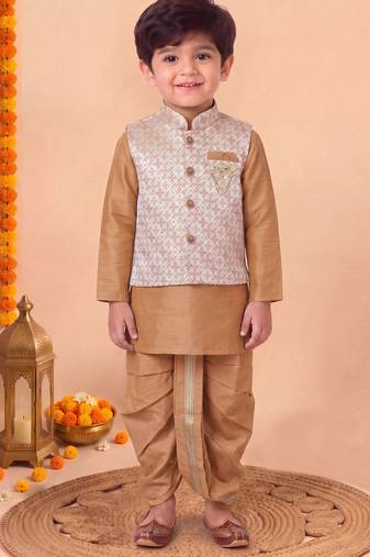 boys camel brown silk blend  geometric jacquard floral kurta & dhoti set with waistcoat