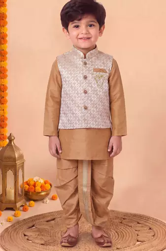 boys camel brown silk blend  geometric jacquard floral kurta & dhoti set with waistcoat