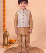 boys camel brown silk blend  geometric jacquard floral kurta & dhoti set with waistcoat