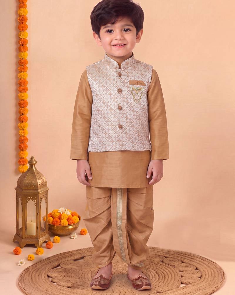 boys camel brown silk blend  geometric jacquard floral kurta & dhoti set with waistcoat