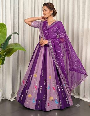 Dual Shade Wine & Lavender Designer Silk Lehenga Choli Set with Mirror Work Dupatta 2
