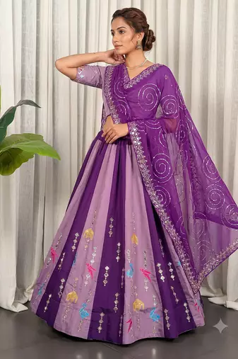 Dual Shade Wine & Lavender Designer Silk Lehenga Choli Set with Mirror Work Dupatta