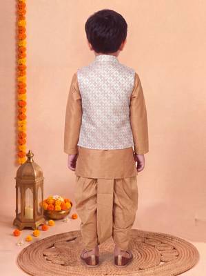 boys camel brown silk blend  geometric jacquard floral kurta & dhoti set with waistcoat 2