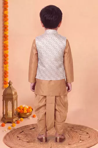 boys camel brown silk blend  geometric jacquard floral kurta & dhoti set with waistcoat
