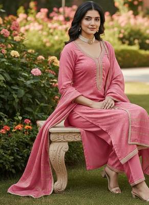pink weaved chanderi butti unstitched dress material  2