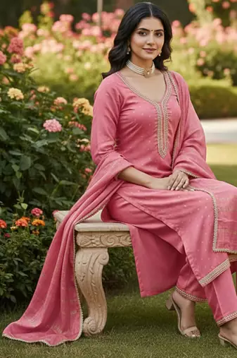 pink weaved chanderi butti unstitched dress material 