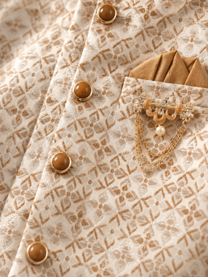 boys camel brown silk blend  geometric jacquard floral kurta & dhoti set with waistcoat 3