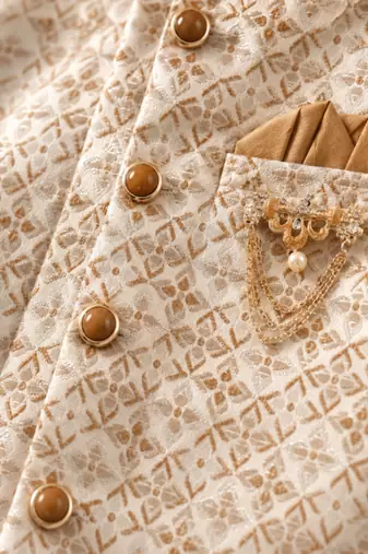 boys camel brown silk blend  geometric jacquard floral kurta & dhoti set with waistcoat