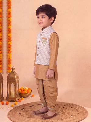 boys camel brown silk blend  geometric jacquard floral kurta & dhoti set with waistcoat 4