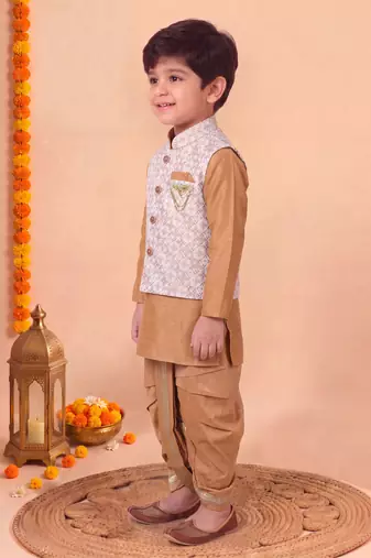boys camel brown silk blend  geometric jacquard floral kurta & dhoti set with waistcoat