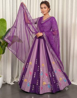 Dual Shade Wine & Lavender Designer Silk Lehenga Choli Set with Mirror Work Dupatta 3