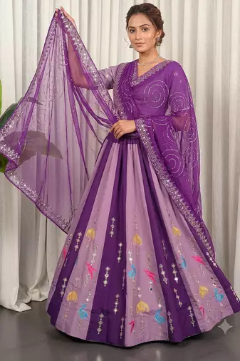 Dual Shade Wine & Lavender Designer Silk Lehenga Choli Set with Mirror Work Dupatta