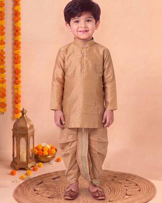 boys camel brown silk blend  geometric jacquard floral kurta & dhoti set with waistcoat 5