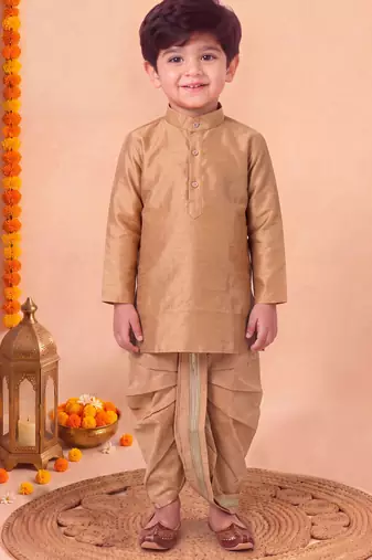 boys camel brown silk blend  geometric jacquard floral kurta & dhoti set with waistcoat