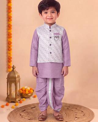 boys lilac silk blend  geometric jacquard floral kurta & dhoti set with waistcoat 1