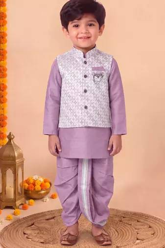 boys lilac silk blend  geometric jacquard floral kurta & dhoti set with waistcoat