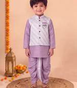 boys lilac silk blend  geometric jacquard floral kurta & dhoti set with waistcoat