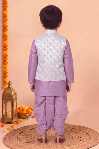 boys lilac silk blend  geometric jacquard floral kurta & dhoti set with waistcoat