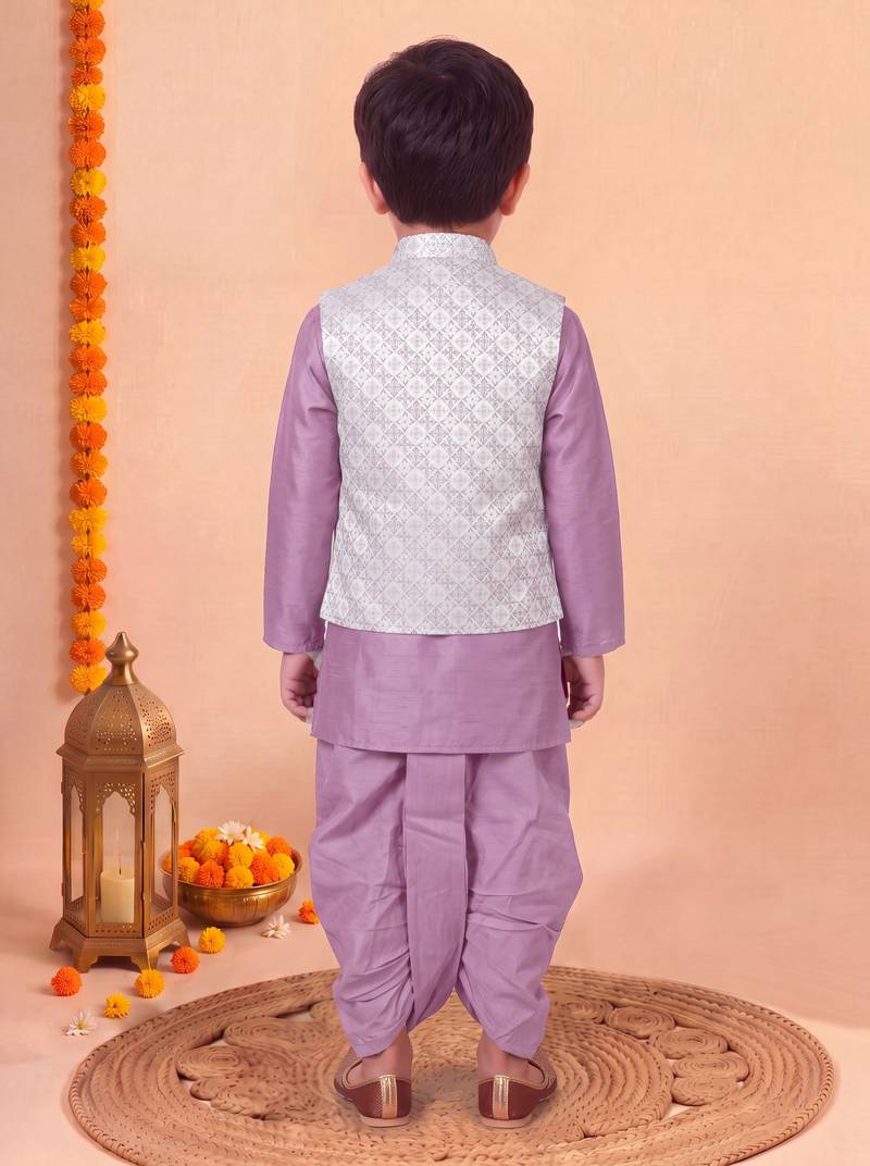 boys lilac silk blend  geometric jacquard floral kurta & dhoti set with waistcoat