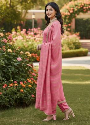 pink weaved chanderi butti unstitched dress material  3