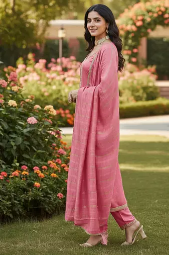 pink weaved chanderi butti unstitched dress material 