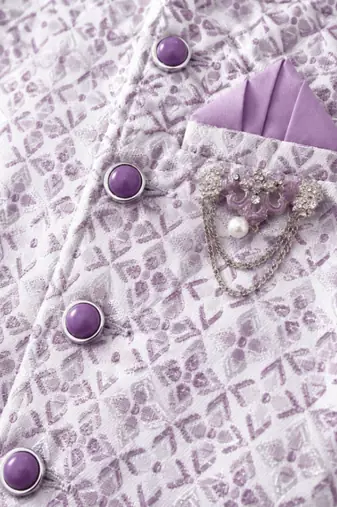 boys lilac silk blend  geometric jacquard floral kurta & dhoti set with waistcoat