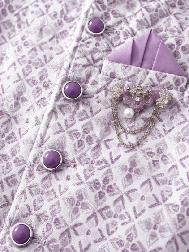 boys lilac silk blend  geometric jacquard floral kurta & dhoti set with waistcoat