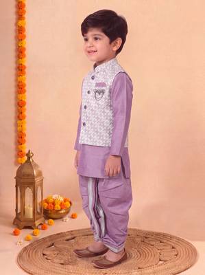 boys lilac silk blend  geometric jacquard floral kurta & dhoti set with waistcoat 4