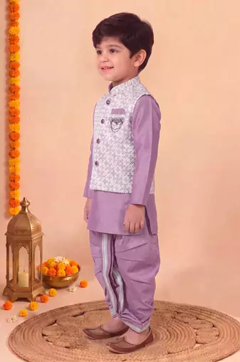 boys lilac silk blend  geometric jacquard floral kurta & dhoti set with waistcoat