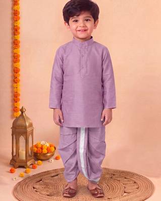 boys lilac silk blend  geometric jacquard floral kurta & dhoti set with waistcoat 5