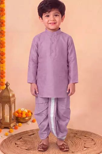 boys lilac silk blend  geometric jacquard floral kurta & dhoti set with waistcoat