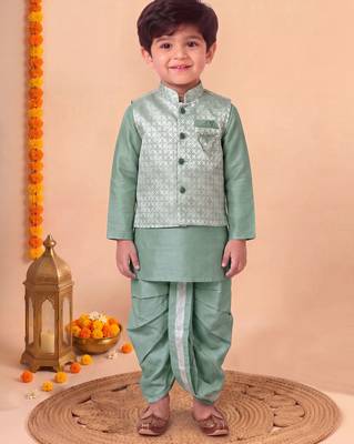 boys sea green silk blend  geometric jacquard floral kurta & dhoti set with waistcoat 1